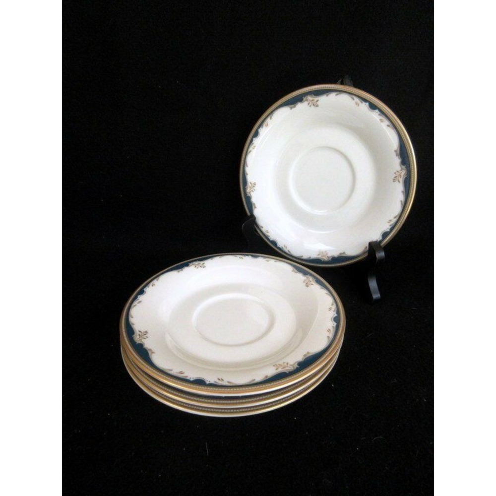 Mikasa‎ Winston Blue LAN23 Set of 4 Saucers Blue Edge/Tan Scrolls Squares